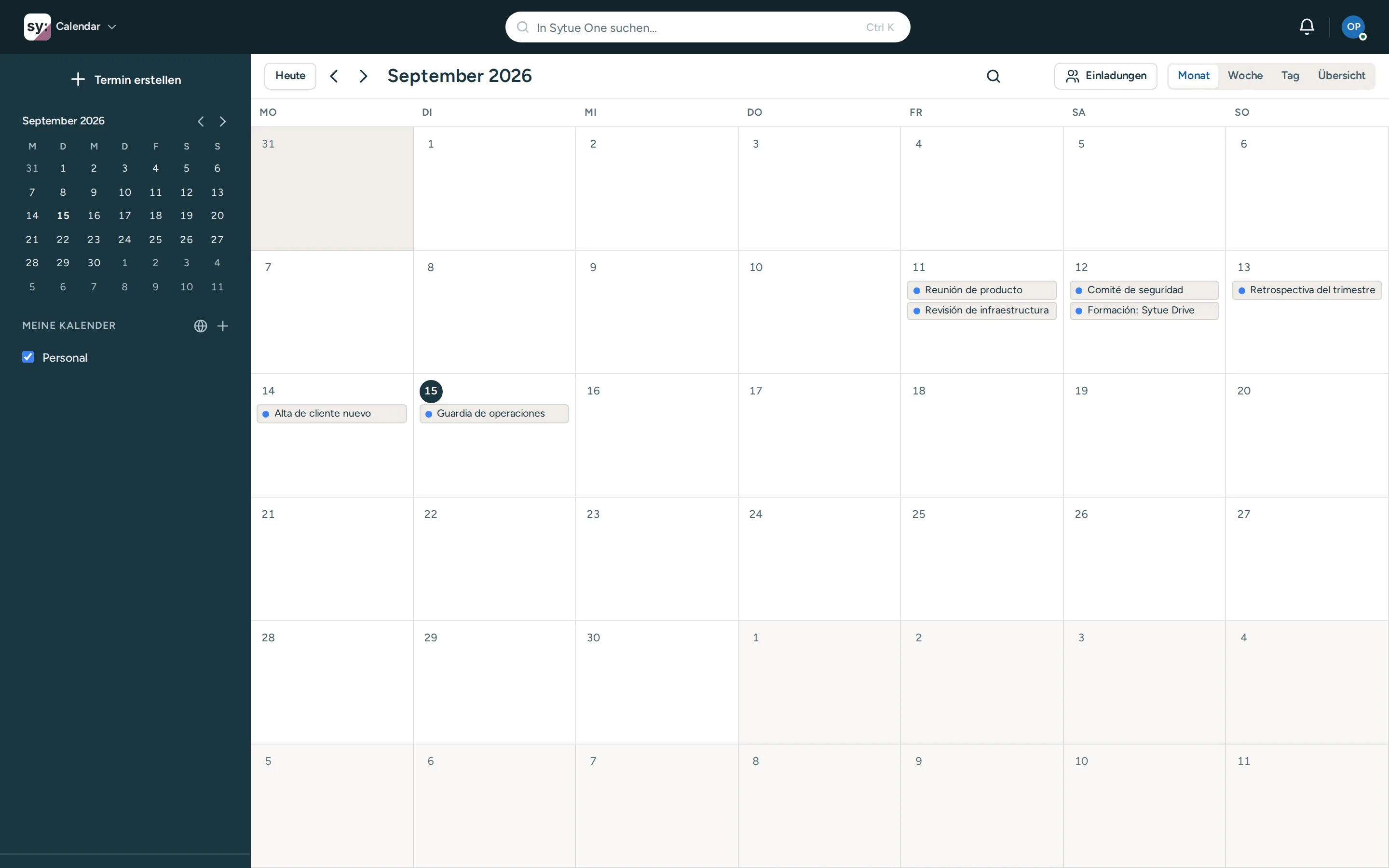 Der Hauptbildschirm von Calendar, genau so wie nach der Anmeldung.
