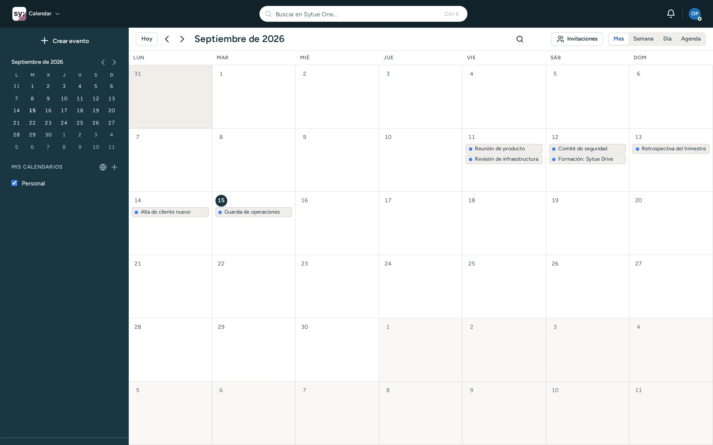 La pantalla principal de Calendar, tal cual se ve al entrar.