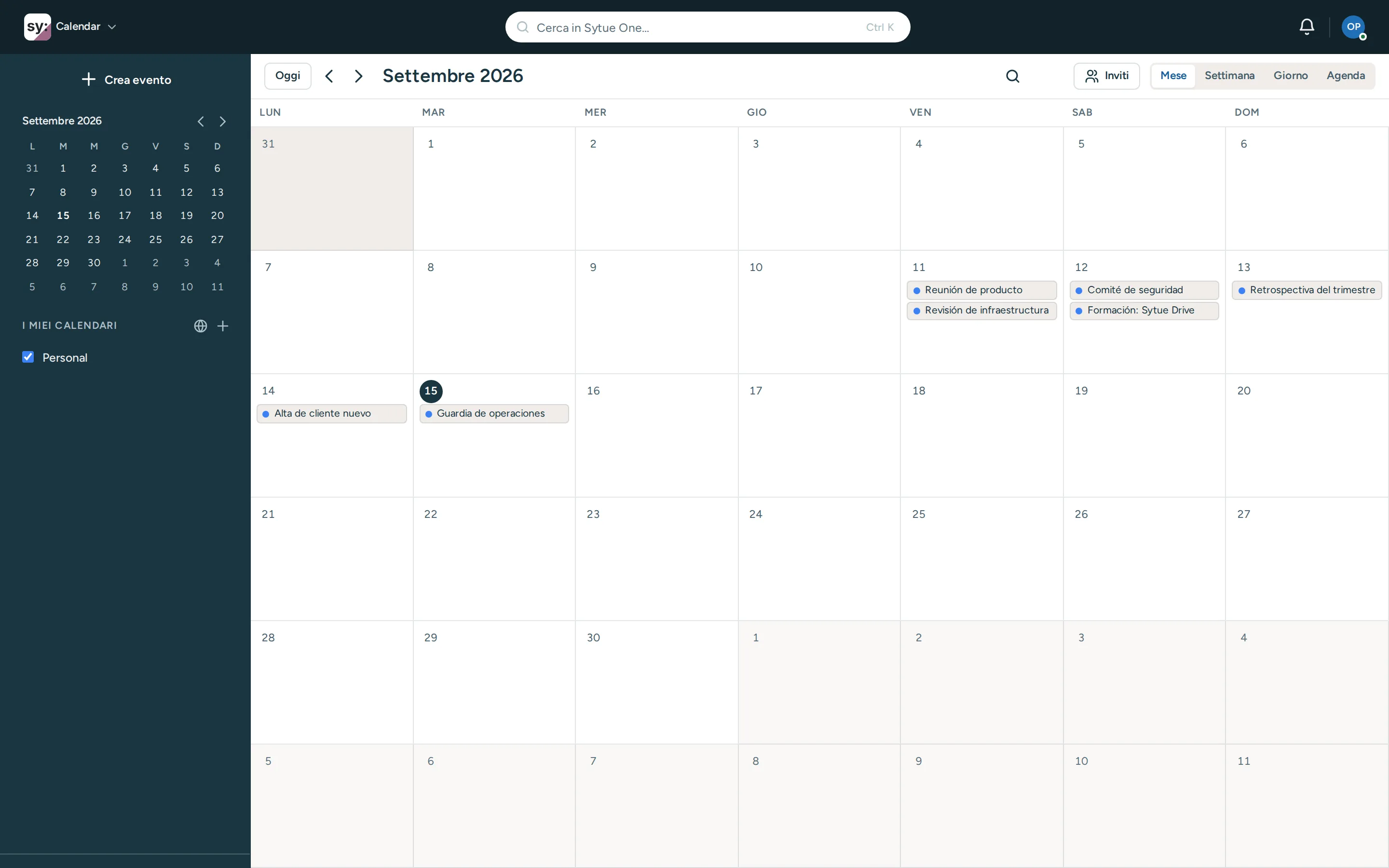 La schermata principale di Calendar, esattamente come appare all’accesso.