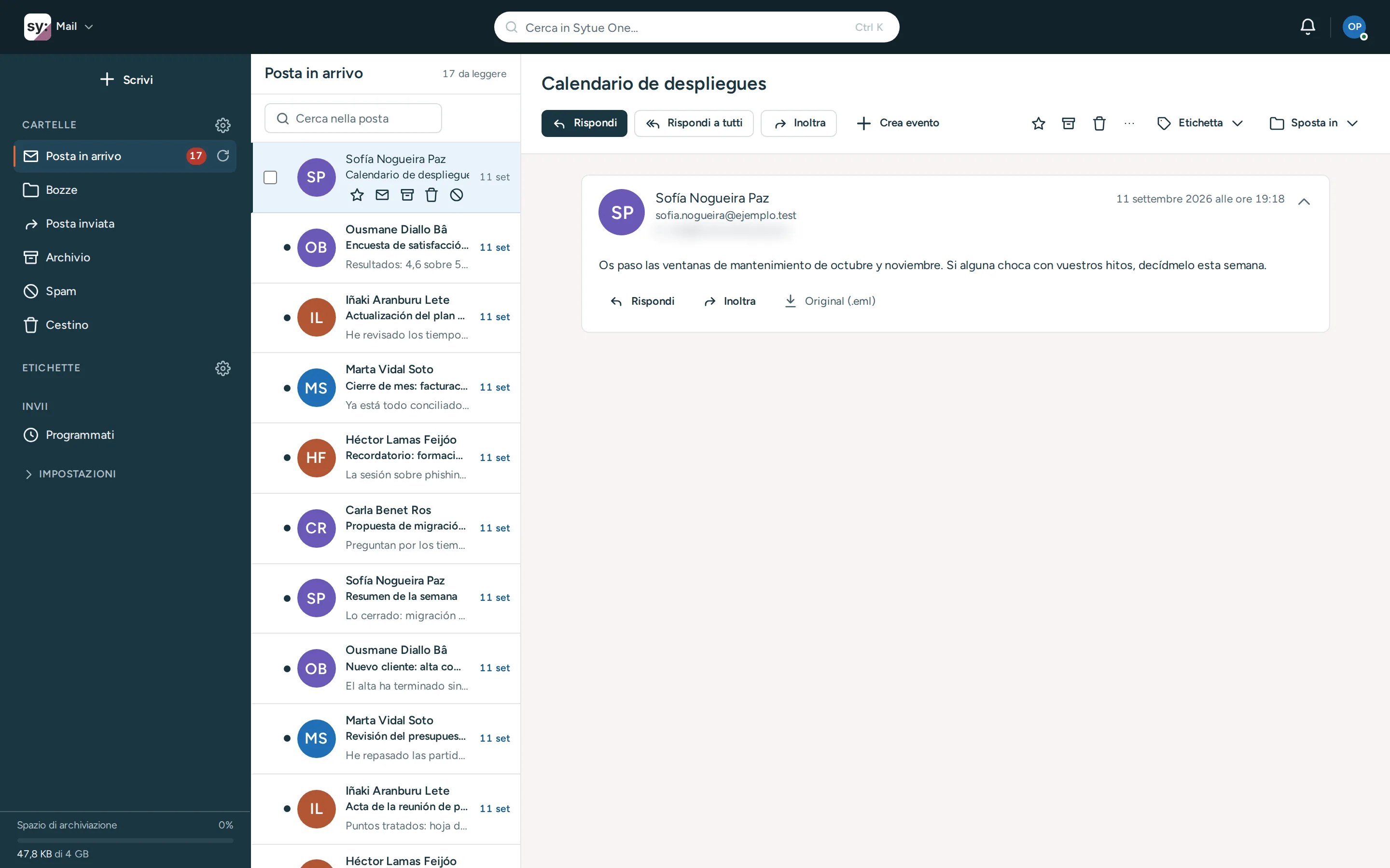 La schermata principale di Mail, esattamente come appare all’accesso.